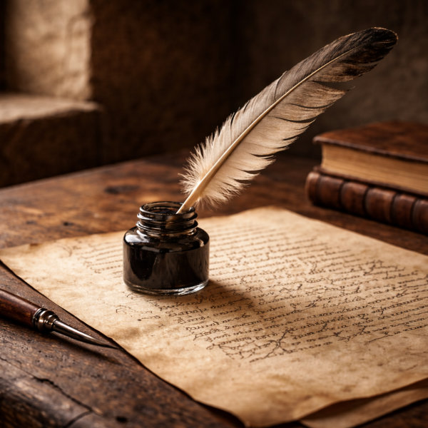 quill-ink-table-1-600x600 Quill, ink, table, and manuscript.