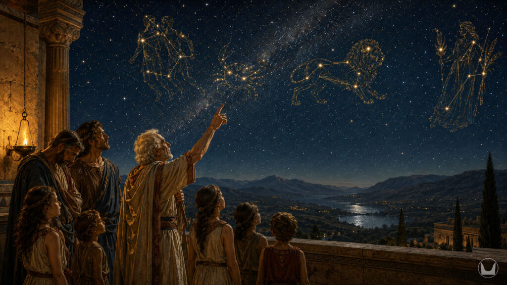 Néos, Periklos, Parthenopaios, and the children looking at the constellations