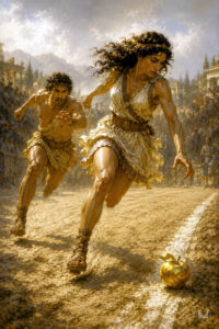 Hippomenes casts a golden apple before Atalanta during their foot-race