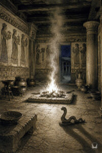 A Mycenaean hearthfire burning in the center of a megaron