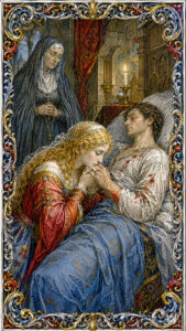 Renaissance engraving of Costanza kneeling at Lorenzo's bedside, clutching his hand, in Edmond Thornfield's literary historical fiction