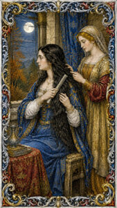 Renaissance engraving of Elena combing her hair by moonlit window with her maid Margherita, illustrating authentic female characters in historical fiction