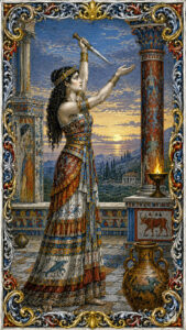 Minoan-style engraving of Queen Pasiphaë raising a dagger to her palm in a blood oath, from the novel Asterios and the Labyrinth