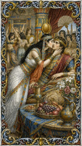 Bronze Age engraving of Princess Meritamen kissing King Asterios at the royal betrothal feast, depicting an intentionally ambiguous antagonist