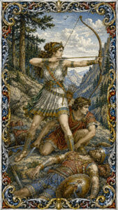 Engraving of Atalanta drawing her bow to defend her father's warriors from bandits, illustrating a woman who refuses to lose her autonomy