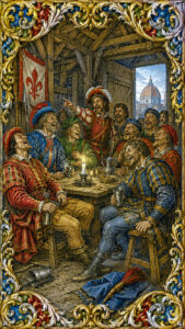 The Barn Scene: Renaissance engraving of soldiers laughing around a candlelit table in a covert meeting scene, from A Tale of Paris & Paris by Edmond Thornfield