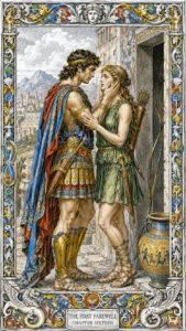 The First Farewell: Bronze Age engraving of Meléagros cupping Atalanta's face and brushing away her tears before sending her to safety, from Atalanta of the Wild