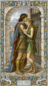 The Final Farewell: Bronze Age engraving of Meléagros embracing Atalanta at the palace before she departs, from Atalanta of the Wild