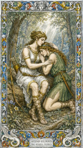 Artemis and the Final Words: Greek mythological engraving of the goddess Artemis embracing a grieving Atalanta in a forest, delivering news of Meléagros's death, from Atalanta of the Wild
