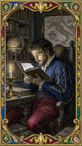 Renaissance reader examining the final page of a folio volume by candlelight, Italian copperplate engraving style