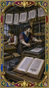 Fifteenth-century printing workshop with compositor and screw press, open volume showing colophon page, copperplate engraving style