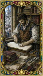 Renaissance bookmaker at a tall desk ruling margins, workshop interior with shelved volumes, copperplate engraving style