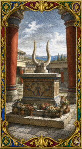 Minoan stone altar with horns of consecration rising against an Aegean sky, palatial courtyard columns, copperplate engraving style