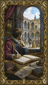 Renaissance author at writing desk pausing as offstage events unfold beyond his window, copperplate engraving style