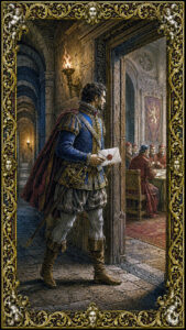 Renaissance military officer in half-armor carrying a sealed dispatch through a torchlit corridor, copperplate engraving style