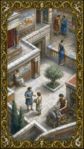Minoan palatial courtyard seen from above with six figures each occupying separate areas, copperplate engraving style