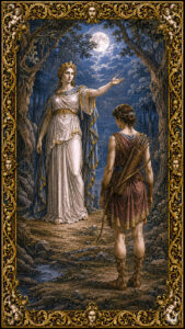 Classical goddess in formal announcement pose before a huntress in a moonlit forest clearing, copperplate engraving style
