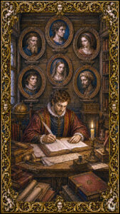 Renaissance writer at candlelit desk surrounded by six portrait medallions on the walls, copperplate engraving style